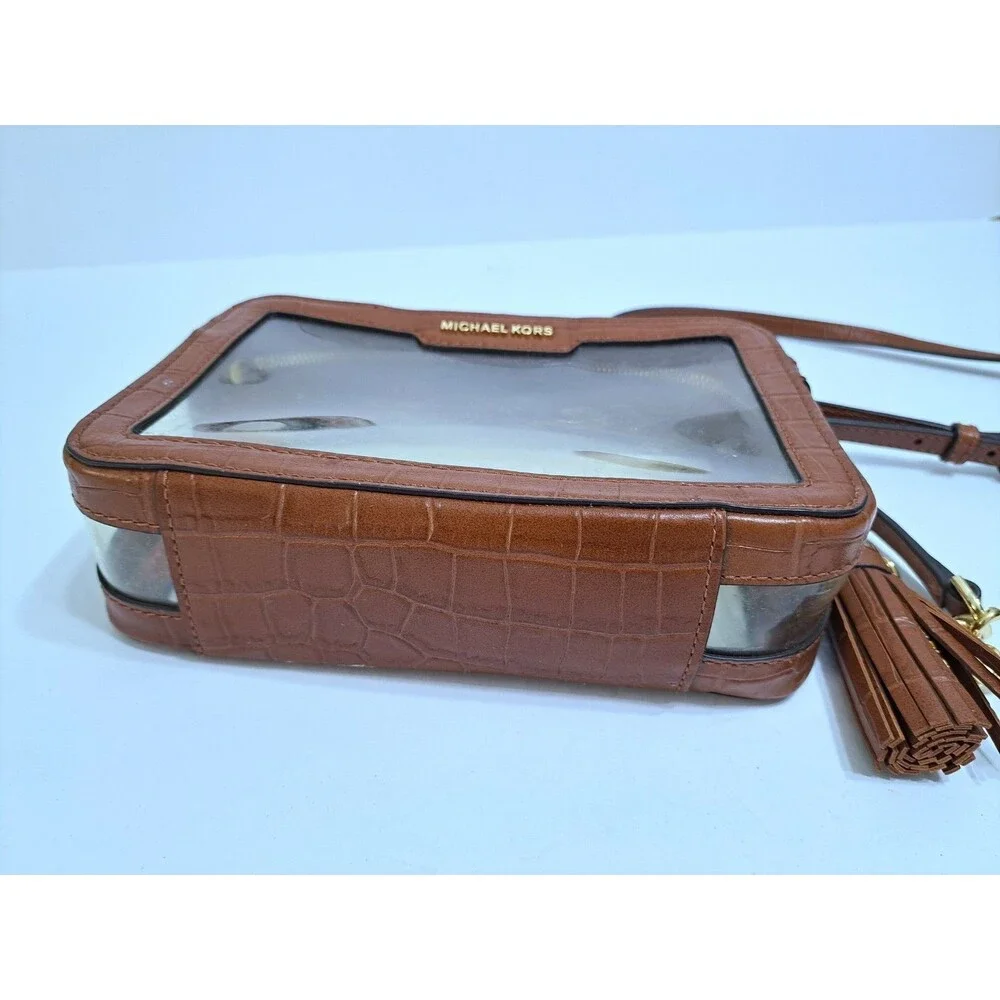 Michael Kors Clear Crossbody Bag Zip Gold Chain Brown Leather Stadium Ginny Jet